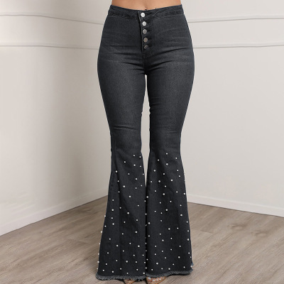 2021 High quality Women High Waist Button Bodycon Denim Flare Jeans Skinny Plus Size Stretch Bell Bottom Trousers