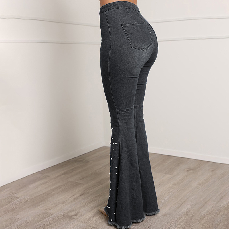 2021 High quality Women High Waist Button Bodycon Denim Flare Jeans Skinny Plus Size Stretch Bell Bottom Trousers