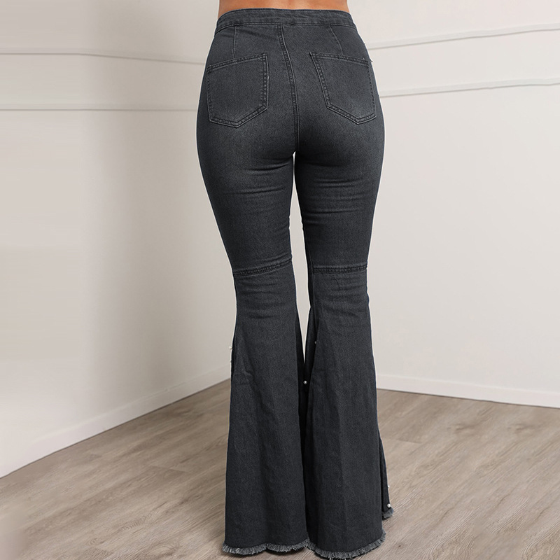 2021 High quality Women High Waist Button Bodycon Denim Flare Jeans Skinny Plus Size Stretch Bell Bottom Trousers