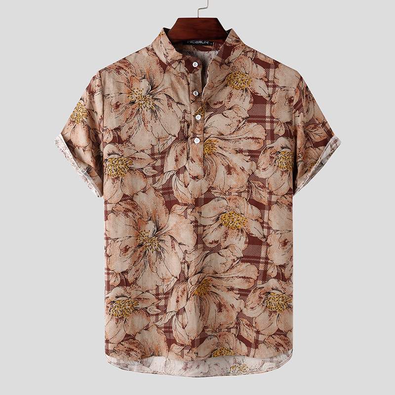 2021 High quality Mens Printed Summer Hawaiian Blouse Men Vintage Shirts Short Sleeve Lapel Casual Buttons Shirts