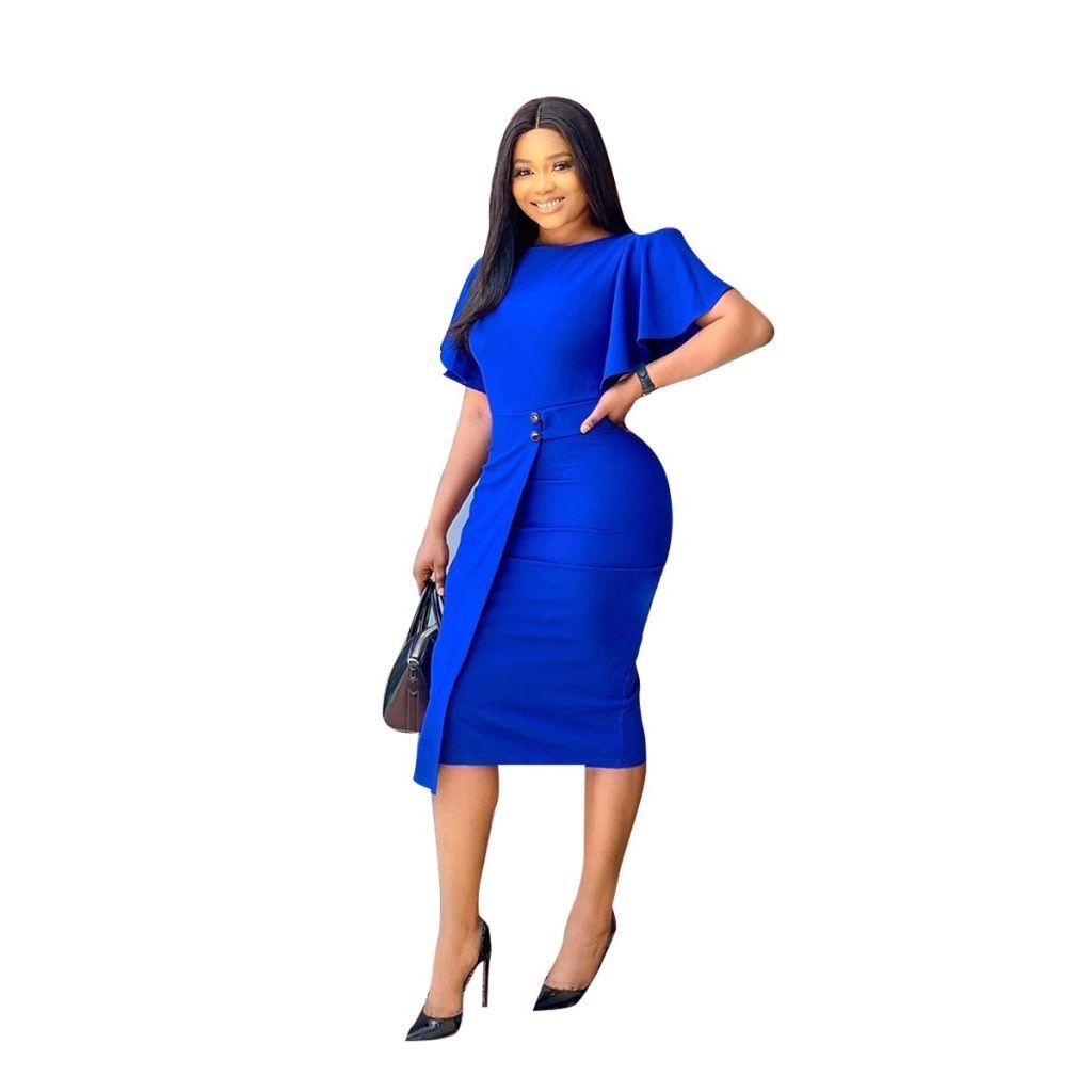 2021 High quality Women Office Causal dress Solid Color round neck Ruffles Flutter Sleeve Midi Dress slim Lady dresses