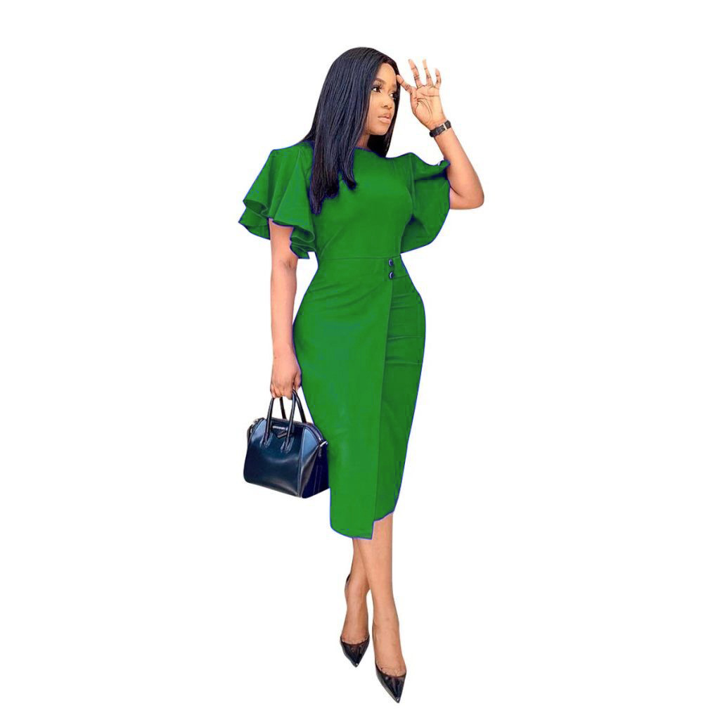 2021 High quality Women Office Causal dress Solid Color round neck Ruffles Flutter Sleeve Midi Dress slim Lady dresses
