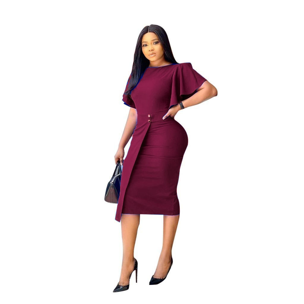 2021 High quality Women Office Causal dress Solid Color round neck Ruffles Flutter Sleeve Midi Dress slim Lady dresses