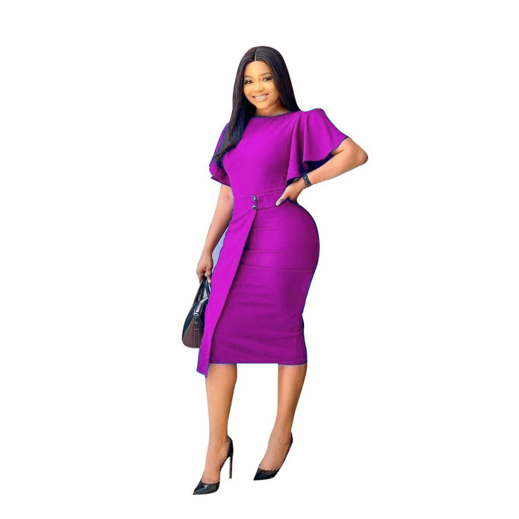2021 High quality Women Office Causal dress Solid Color round neck Ruffles Flutter Sleeve Midi Dress slim Lady dresses