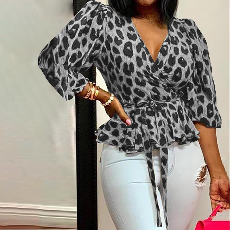 2021 High quality Women Blouses Elegant Office Tunic Shirt Sexy Deep V-Neck Leopard Print Belted Fashion Ruffles Tops