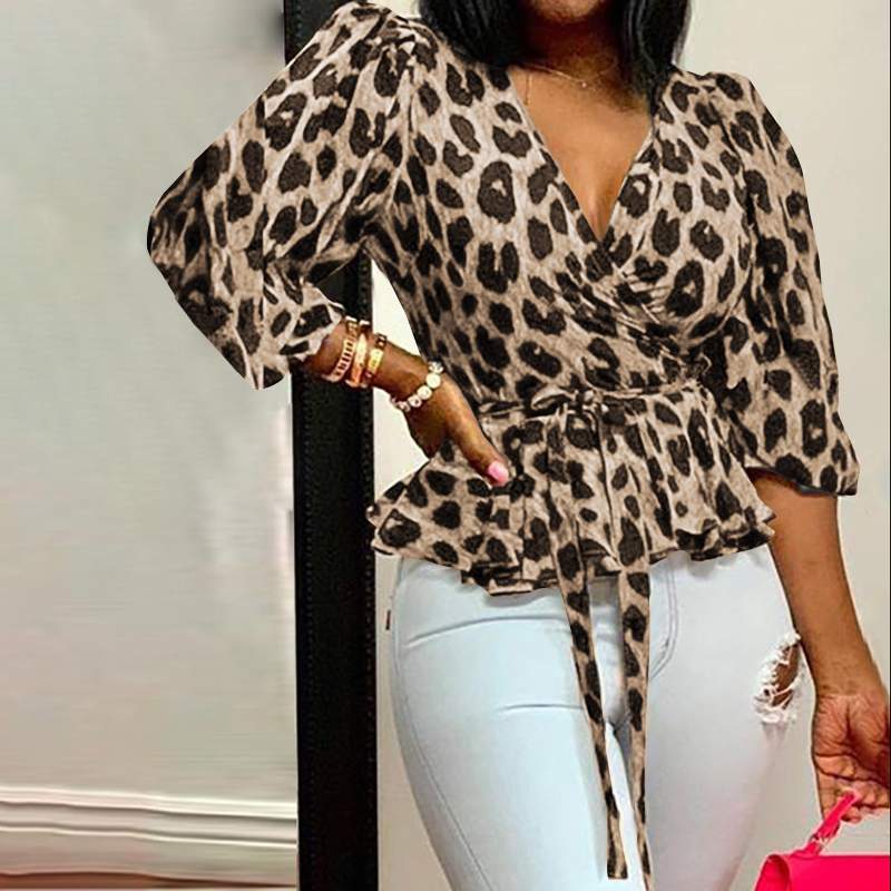 2021 High quality Women Blouses Elegant Office Tunic Shirt Sexy Deep V-Neck Leopard Print Belted Fashion Ruffles Tops