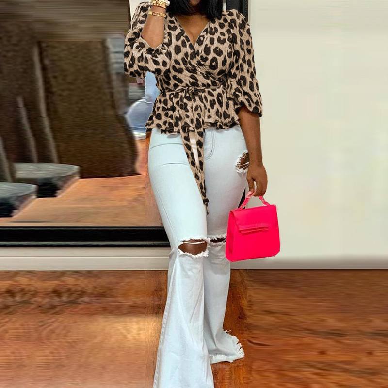 2021 High quality Women Blouses Elegant Office Tunic Shirt Sexy Deep V-Neck Leopard Print Belted Fashion Ruffles Tops