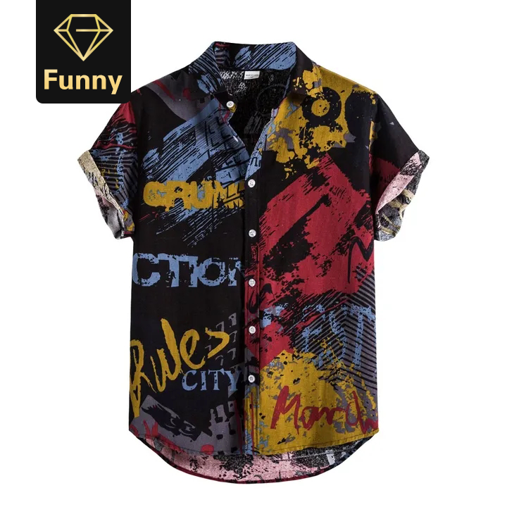 2021 High quality Men Linen Shirts Ethnic Short Sleeve Casual Printing Hawaiian Shirt Blouse Streetwear Mens Shirts