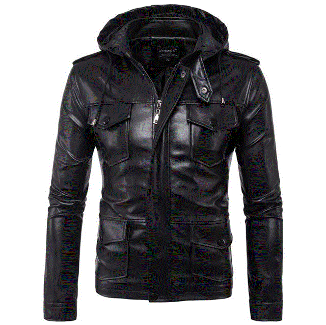 Men's hooded motorcycle leather jacket Autumn Multi-pocket Black PU leather jacket coat Big Size