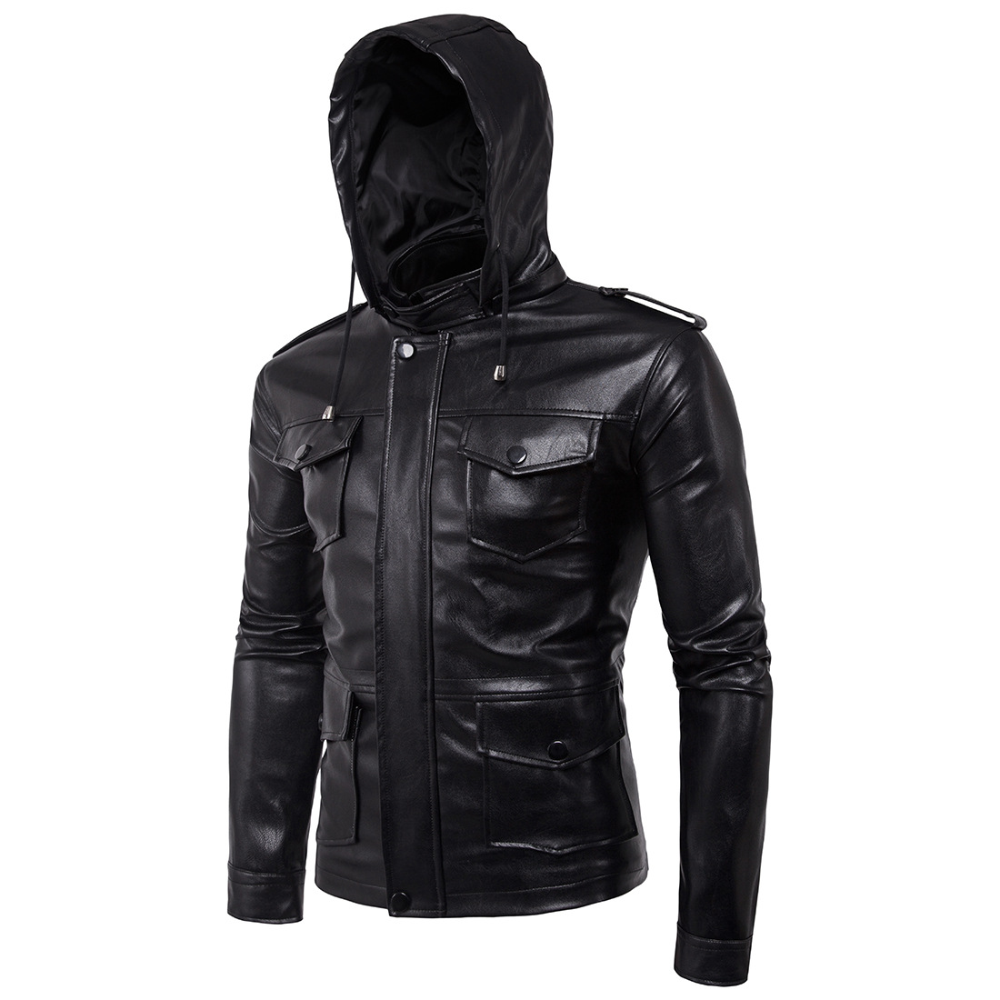 Men's hooded motorcycle leather jacket Autumn Multi-pocket Black PU leather jacket coat Big Size