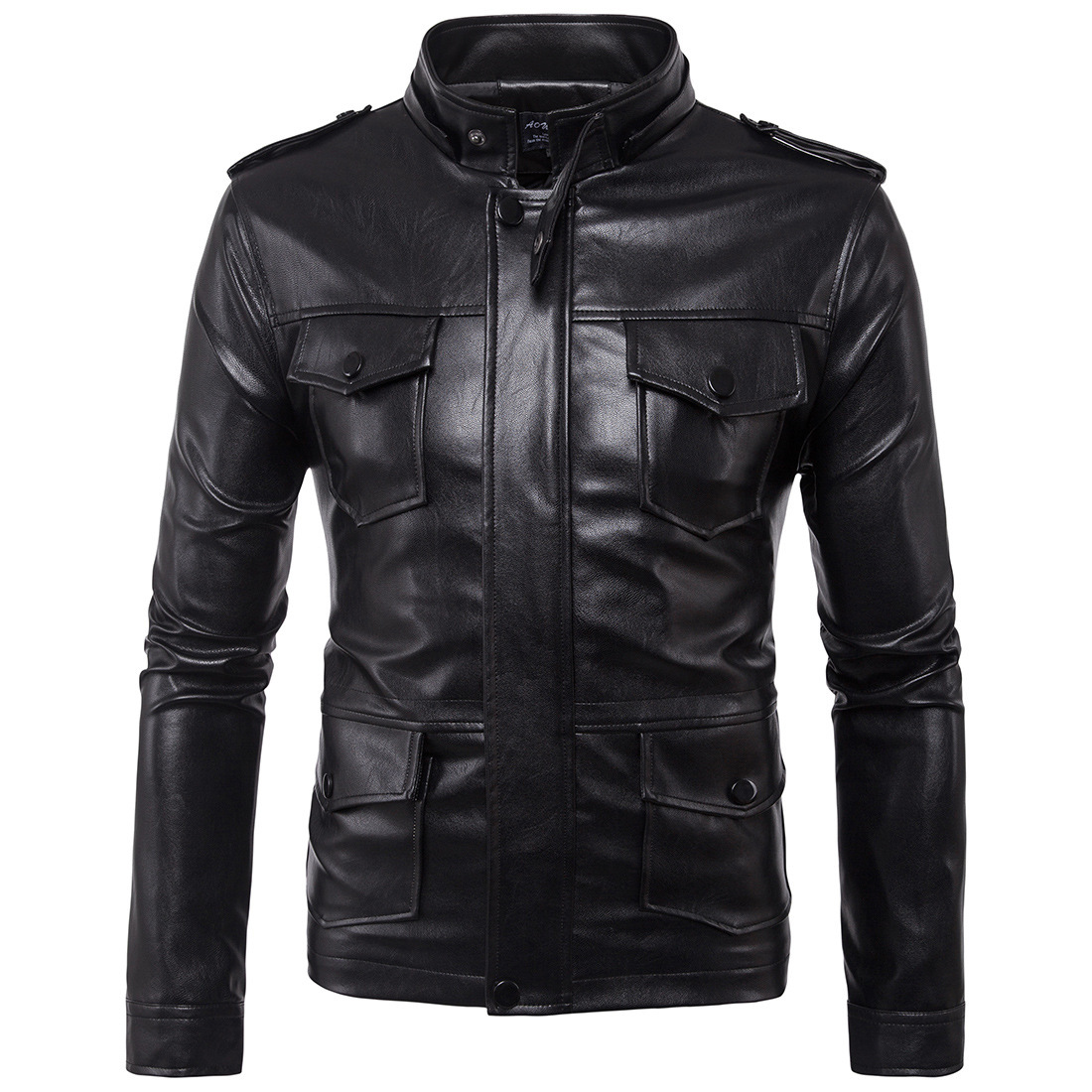 Men's hooded motorcycle leather jacket Autumn Multi-pocket Black PU leather jacket coat Big Size