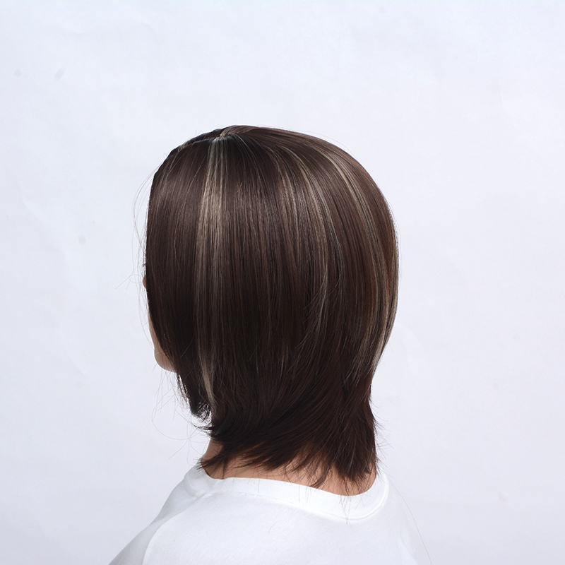 Straight Bangs Style Pixie Cut 14inch Synthetic Wig Brown Mixed Short Natural Full Wigs for Women