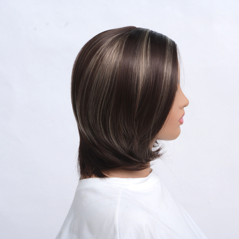 Straight Bangs Style Pixie Cut 14inch Synthetic Wig Brown Mixed Short Natural Full Wigs for Women
