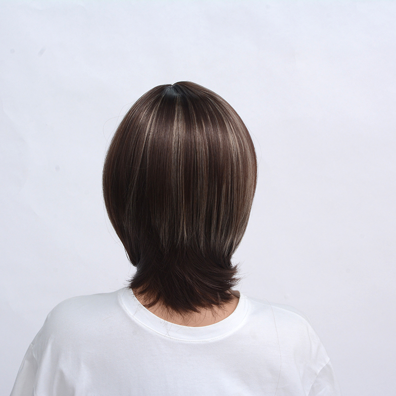 Straight Bangs Style Pixie Cut 14inch Synthetic Wig Brown Mixed Short Natural Full Wigs for Women