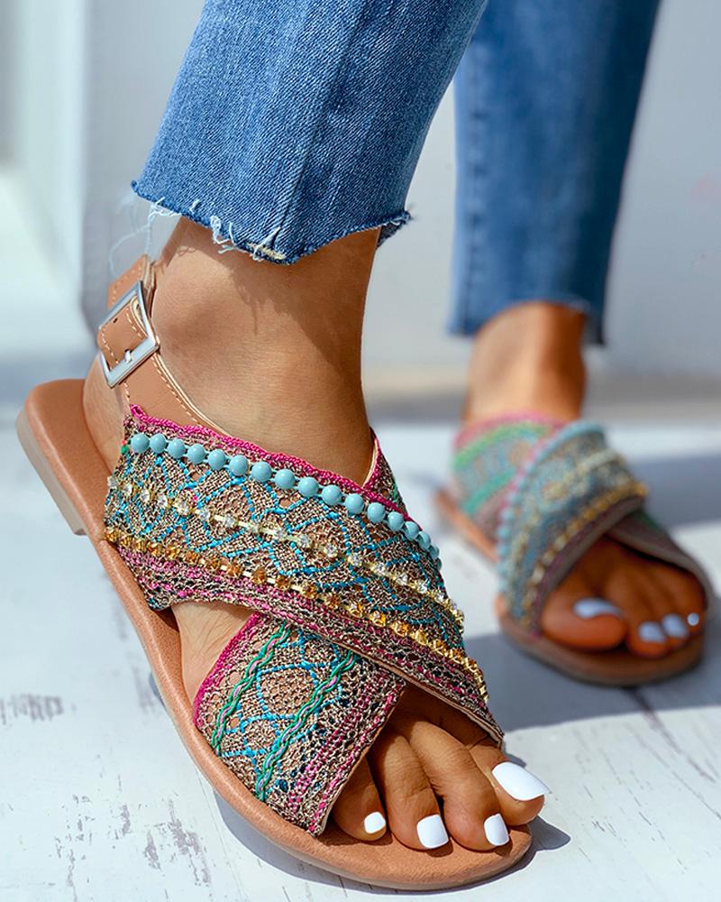 Summer Ethinc Women Sandals Back Strap Buckle String Beads Striped Rubber Retro Luxury Casual Shoes
