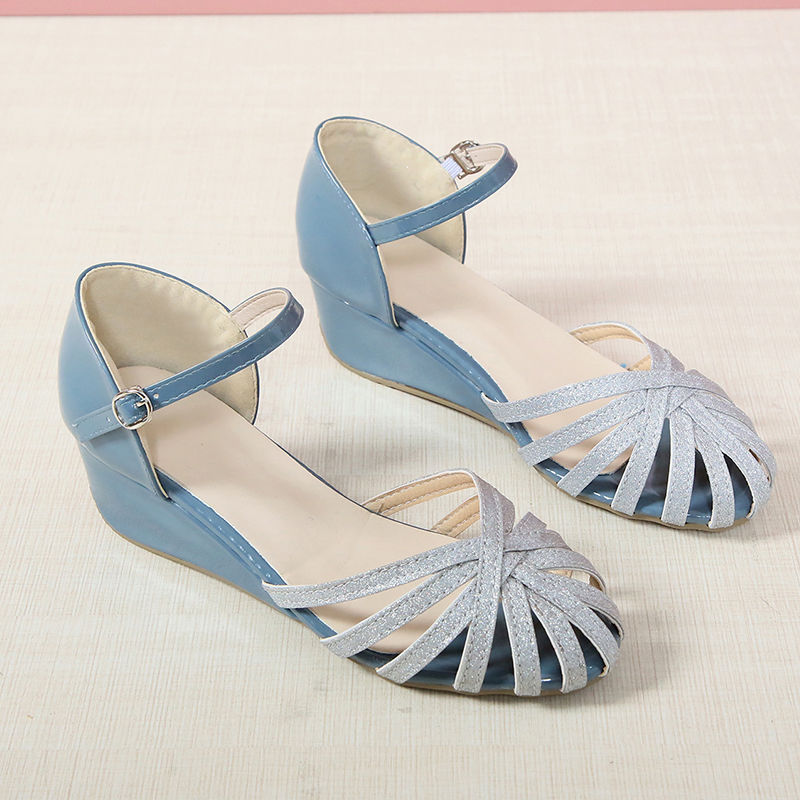 Baotou wedges women's shoes summer new fashion Greet mid-heeled shoes with increased hollow sandals