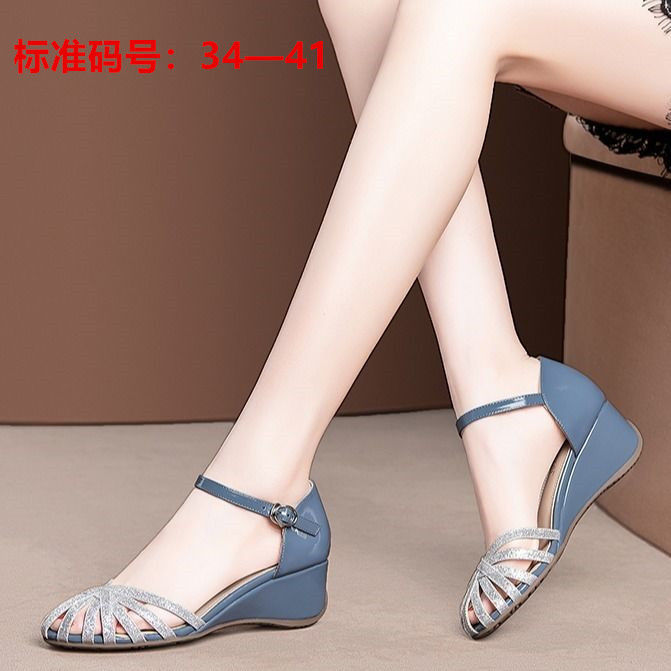 Baotou wedges women's shoes summer new fashion Greet mid-heeled shoes with increased hollow sandals