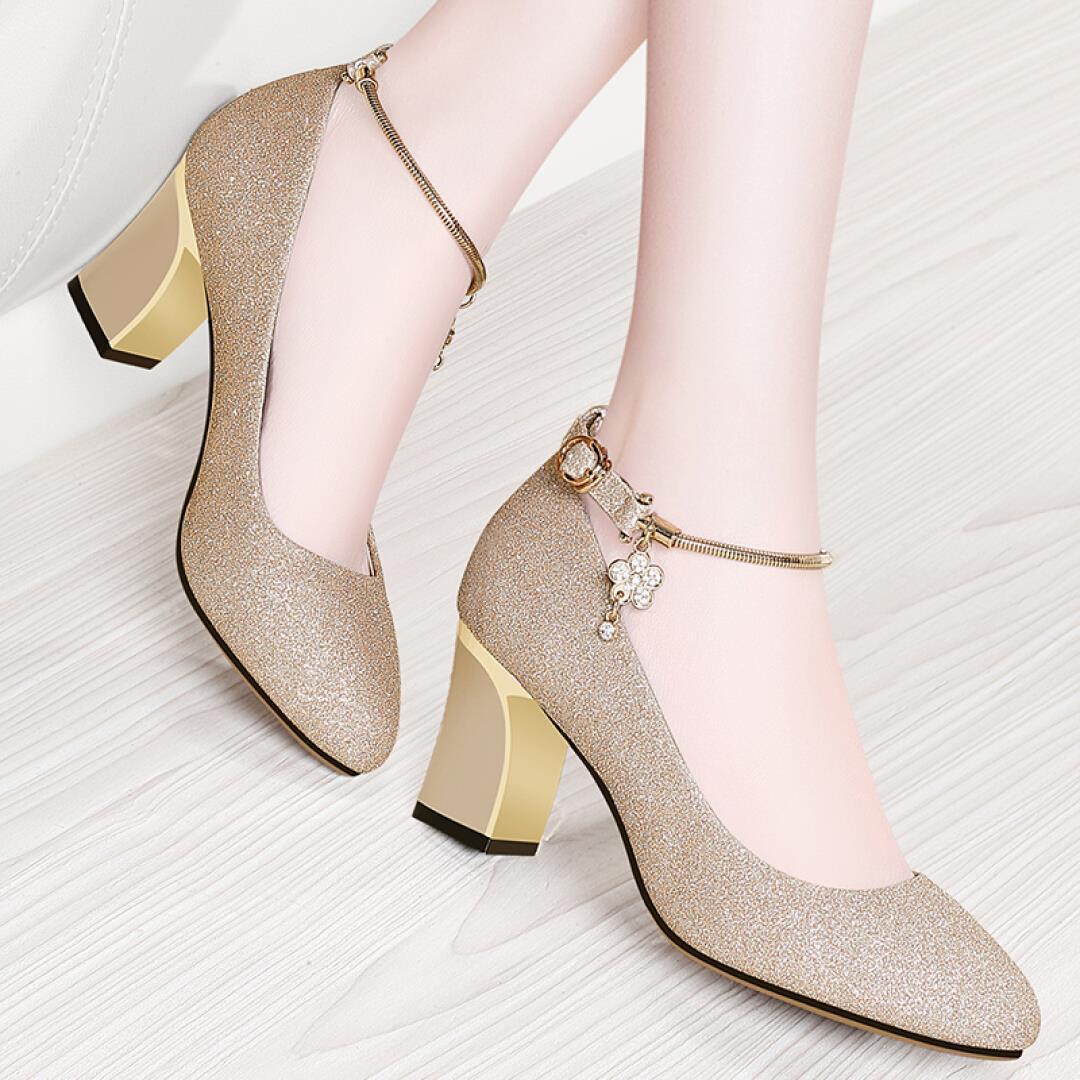 Women's Shoes > HeelsNew gold leather shoes, ladies high heels, single shoes, Korean style pointed toe all-match work sho ladies fashion girls comfortable sliding Usually one size larger / high heels