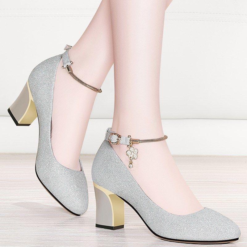 Women's Shoes > HeelsNew gold leather shoes, ladies high heels, single shoes, Korean style pointed toe all-match work sho ladies fashion girls comfortable sliding Usually one size larger / high heels
