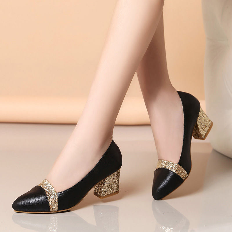 Women's Shoes > Heels New high-heeled thick heel Korean sequins all-match pointed toe shoes women