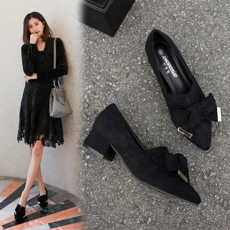 Women's Shoes > Heels High heels thick heel new shallow bow bow low heel all-match single shoes women