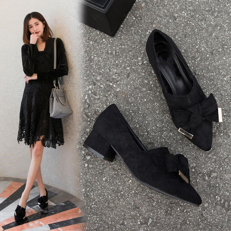 Women's Shoes > Heels High heels thick heel new shallow bow bow low heel all-match single shoes women