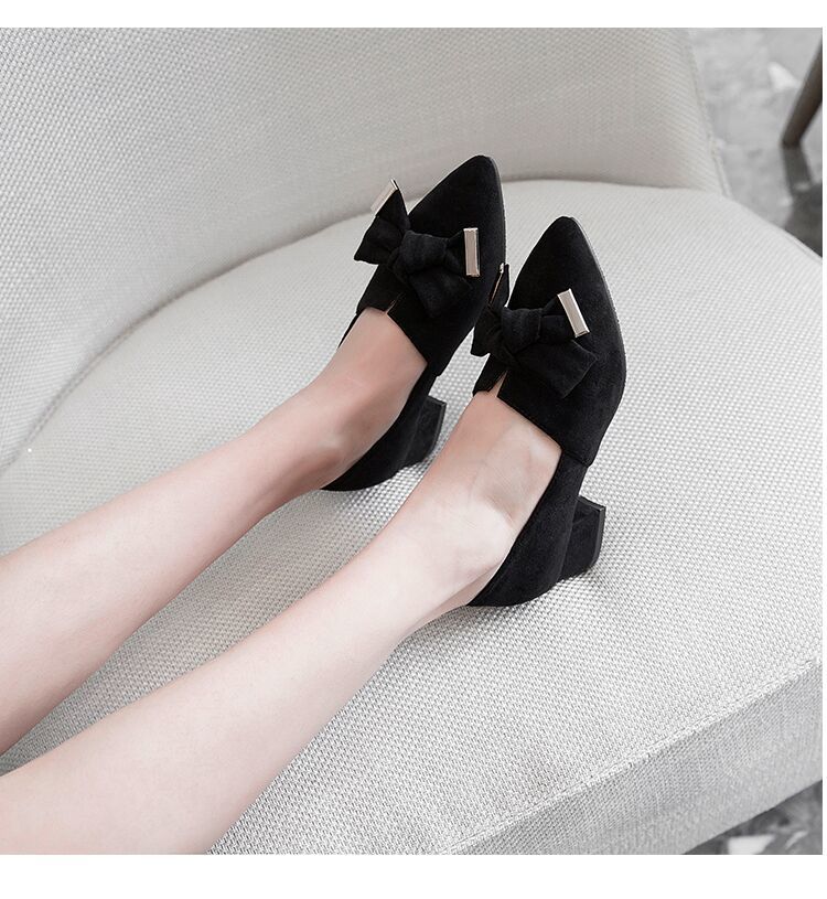 Women's Shoes > Heels High heels thick heel new shallow bow bow low heel all-match single shoes women