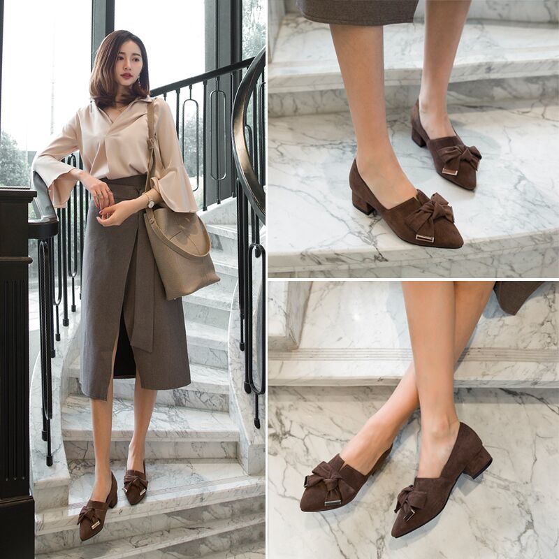 Women's Shoes > Heels High heels thick heel new shallow bow bow low heel all-match single shoes women