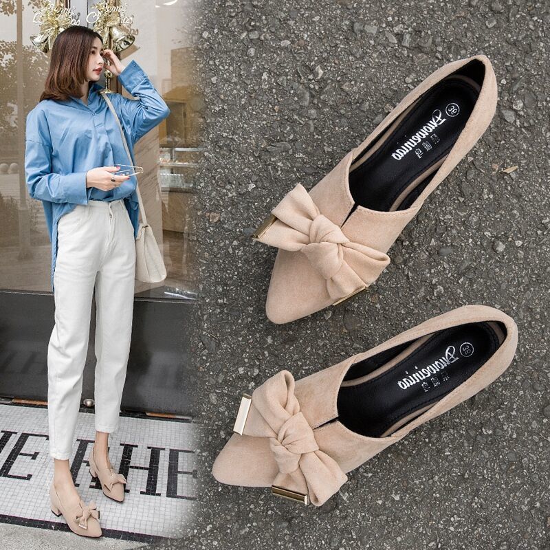 Women's Shoes > Heels High heels thick heel new shallow bow bow low heel all-match single shoes women