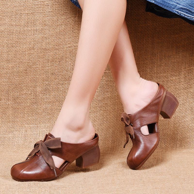 Retro comfortable all-match slippers wear soft leather thick heel soft sole women&apos;s sandals