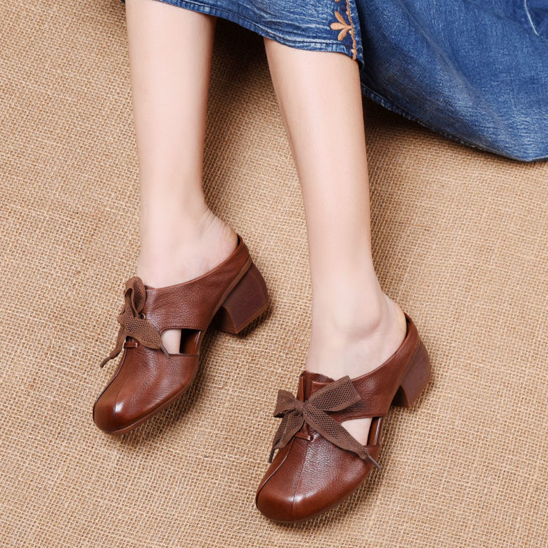 Retro comfortable all-match slippers wear soft leather thick heel soft sole women&apos;s sandals