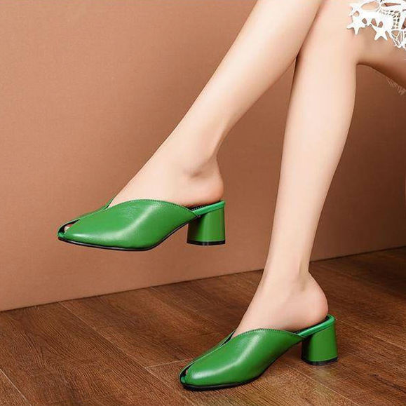 Half slippers women thick heel fish mouth sandals mid heel sandals and slippers for women's outer we
