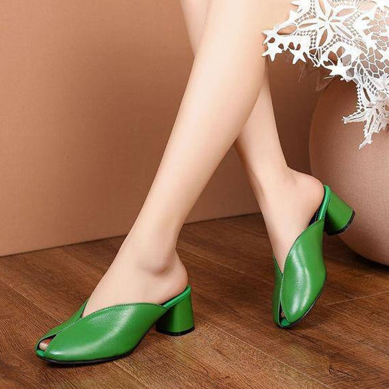 Half slippers women thick heel fish mouth sandals mid heel sandals and slippers for women's outer we