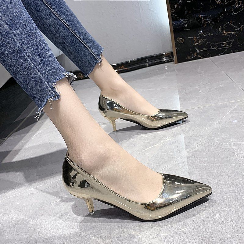 Women's Shoes > Heels Large size women's shoes new pointed gold single shoes ladies professional dress high heels
