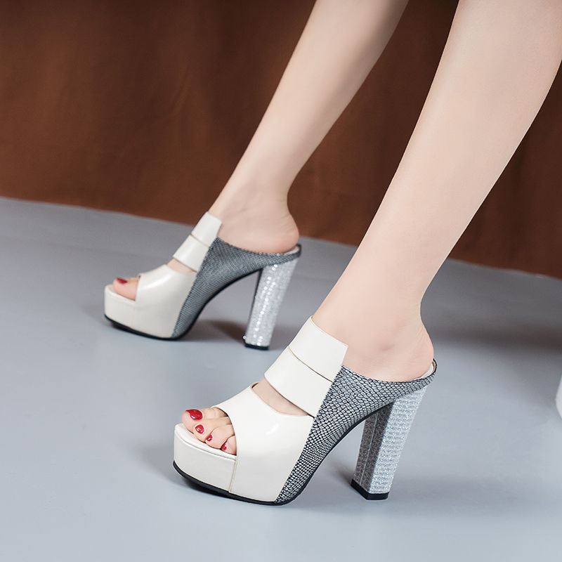 Women&apos;s shoes waterproof platform super high-heeled outer wear fashion fish mouth thick with flip-fl ladies fashion girls comfortable sliding Usually one size larger / high heels