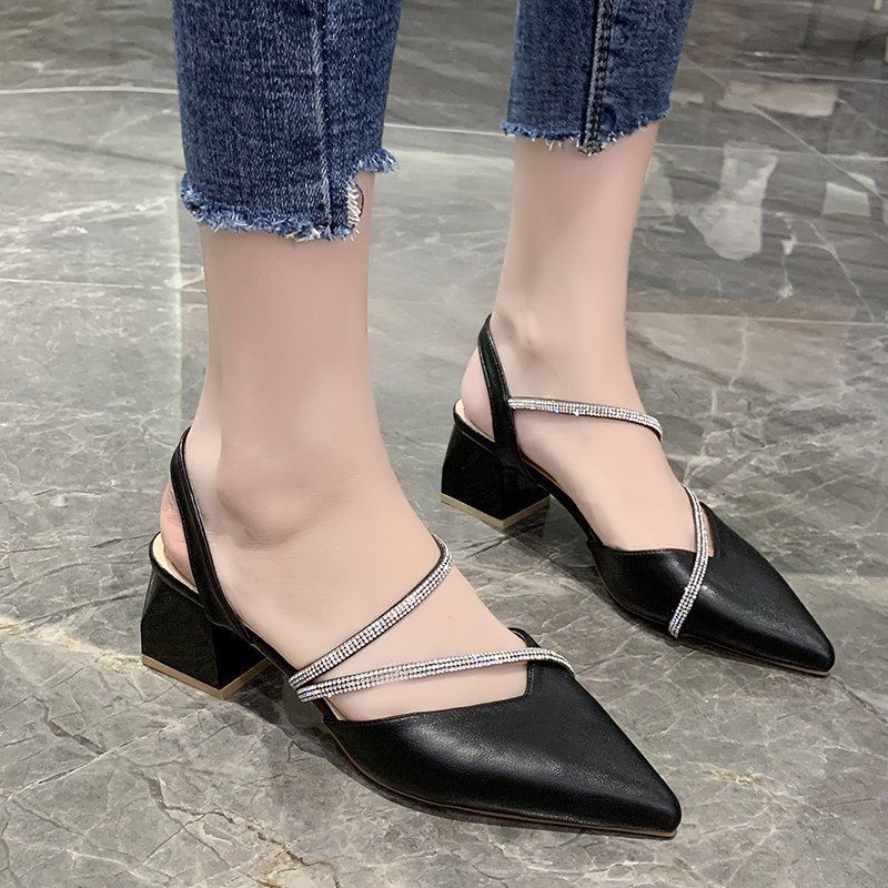 Sandals women's mid-heel chunky heel fashion outer wear one-word buckle rhinestone women's shoes