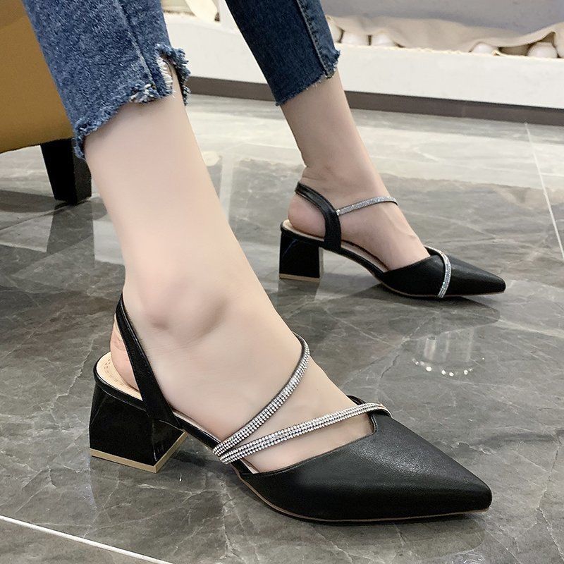 Sandals women's mid-heel chunky heel fashion outer wear one-word buckle rhinestone women's shoes