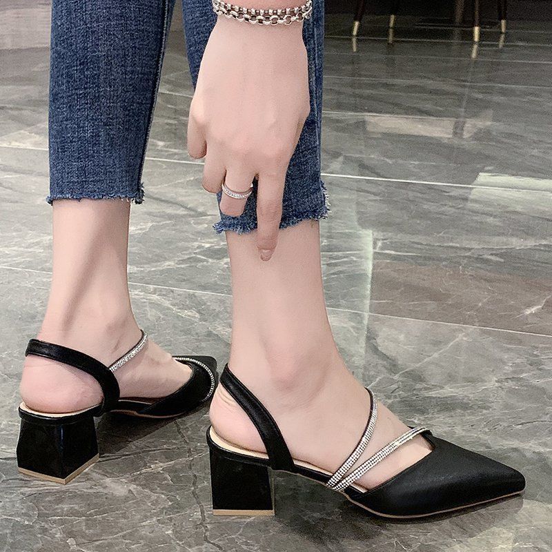 Sandals women's mid-heel chunky heel fashion outer wear one-word buckle rhinestone women's shoes