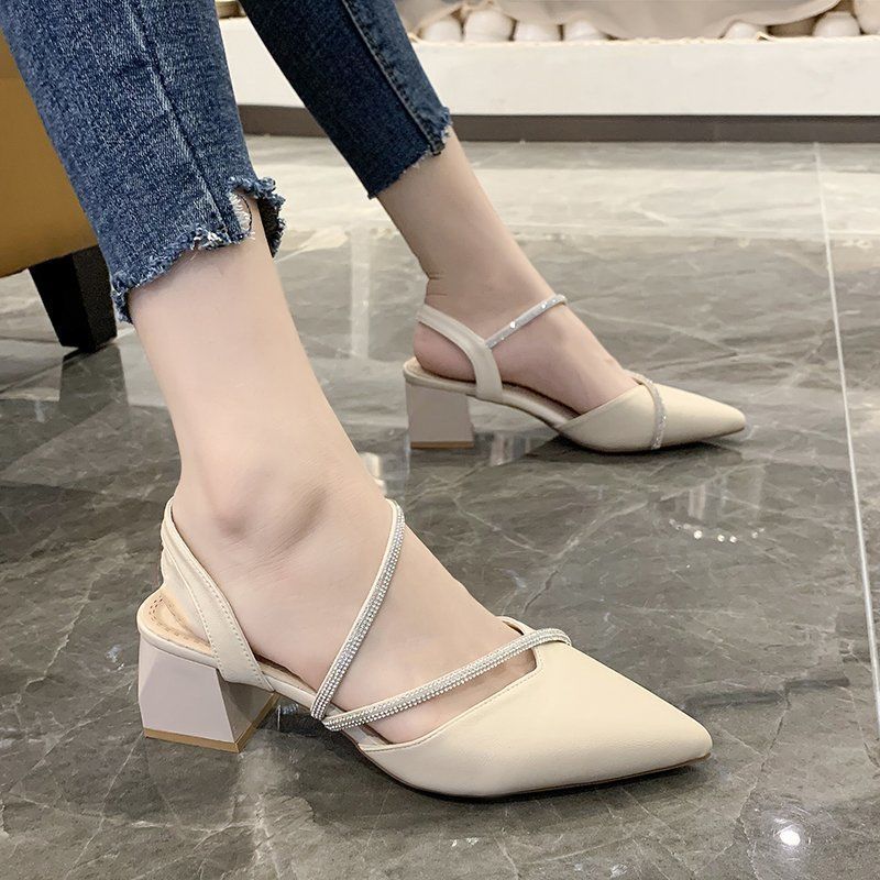 Sandals women's mid-heel chunky heel fashion outer wear one-word buckle rhinestone women's shoes