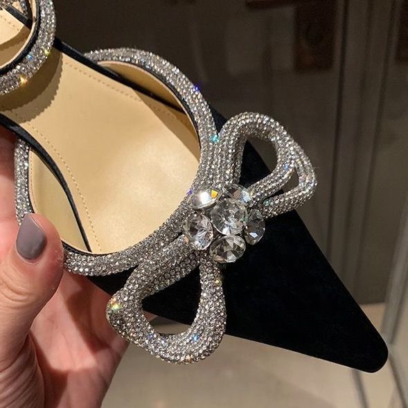 Women's Shoes > Sandals > Heels Sandals Bow high heels women's thin heels design sense of minority single shoes pointed strap Rhinestone sandals