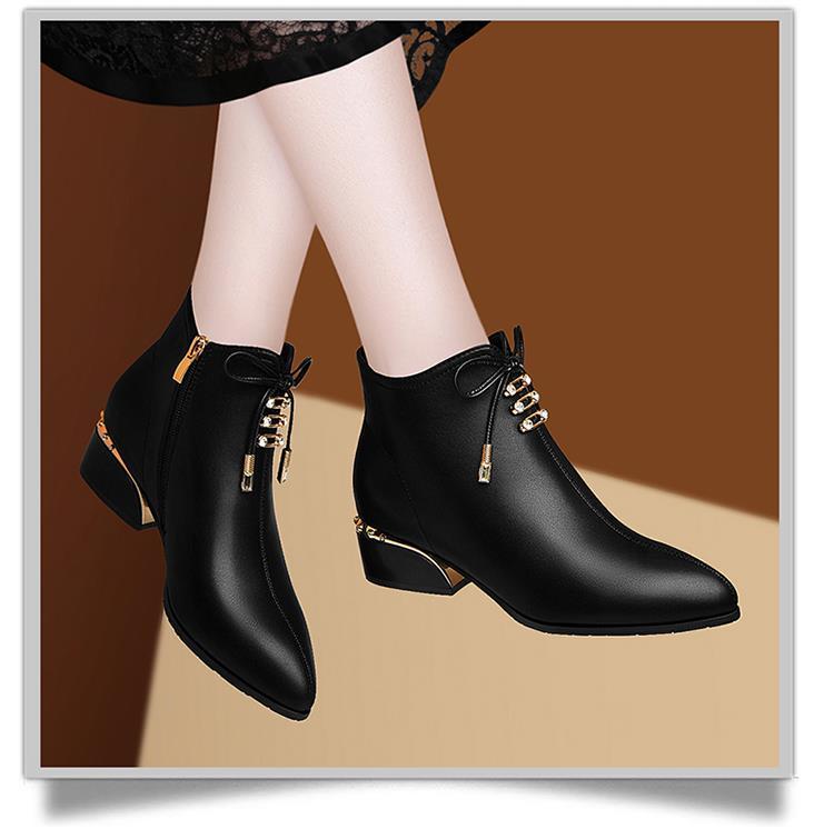 Women's Shoes > Boots > Ankle & Bootie Chunky low-heeled women's short boots all-match deep-mouth British style casual small leather shoes medium-heeled Martin boots and nude boots