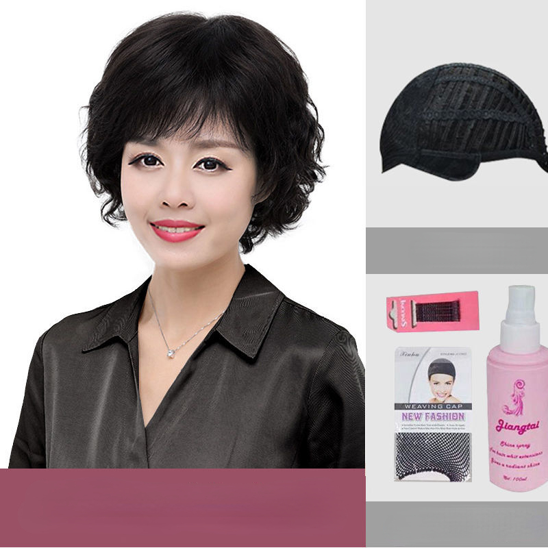 Wig set female full head lifelike human hair 60 year old middle-aged and old lady mother hat foreign style long curly hair top hair replacement