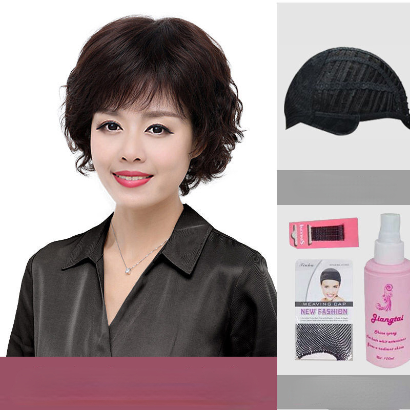 Wig set female full head lifelike human hair 60 year old middle-aged and old lady mother hat foreign style long curly hair top hair replacement