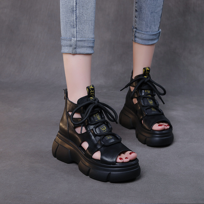 Leather fish mouth new thick soled raised open toe sandals women's Retro high top hollow out muffin shoes summer ROMAN SANDALS