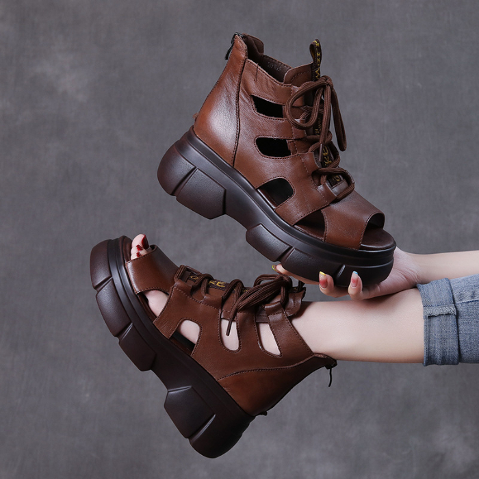 Leather fish mouth new thick soled raised open toe sandals women's Retro high top hollow out muffin shoes summer ROMAN SANDALS
