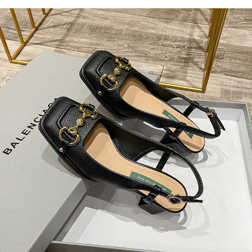 Women's Shoes > Sandals > Heels Sandals Leather summer Baotou women's thick heels 2022 new temperament square head back empty high heels women's middle heel shoes