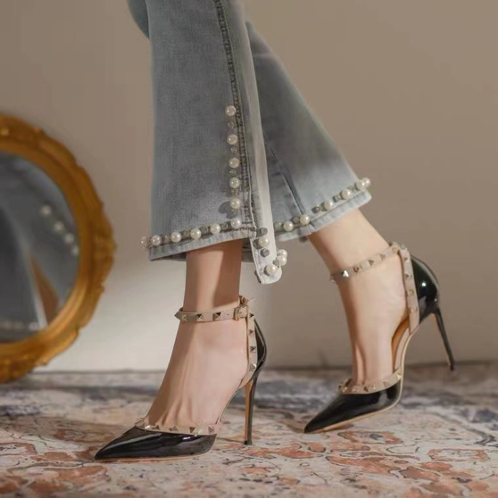 Rivet high heels women's stiletto heels 2022 new style temperament with skirt sexy pointed head one line buckle wrap