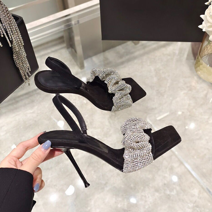 High heeled shoes women's head with white line and diamond; summer exposed toe fine heel Rhinestone