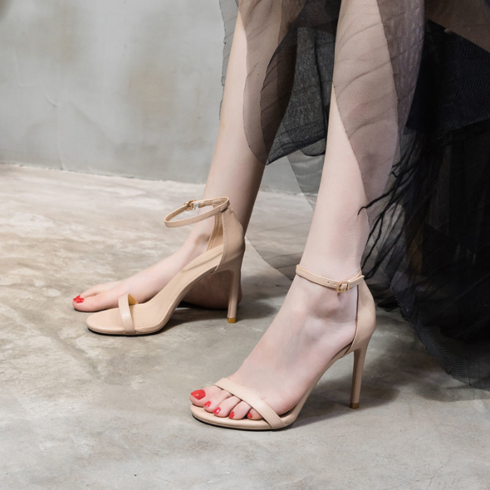 Temperament apricot fashion high heels women's middle heel summer new versatile fashion open toe word band