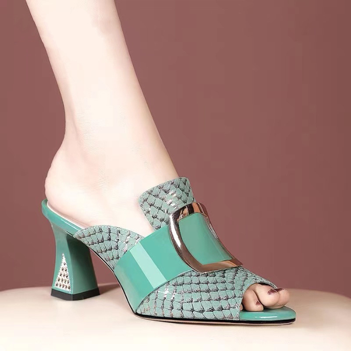 Genuine leather 2022 new sandals women's high-heeled half slippers women's fashion rough heel color matching fish mouth sandals and slippers